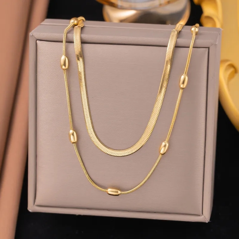 Source Unknown Gold-Tone Layered Herringbone and Beaded Necklace